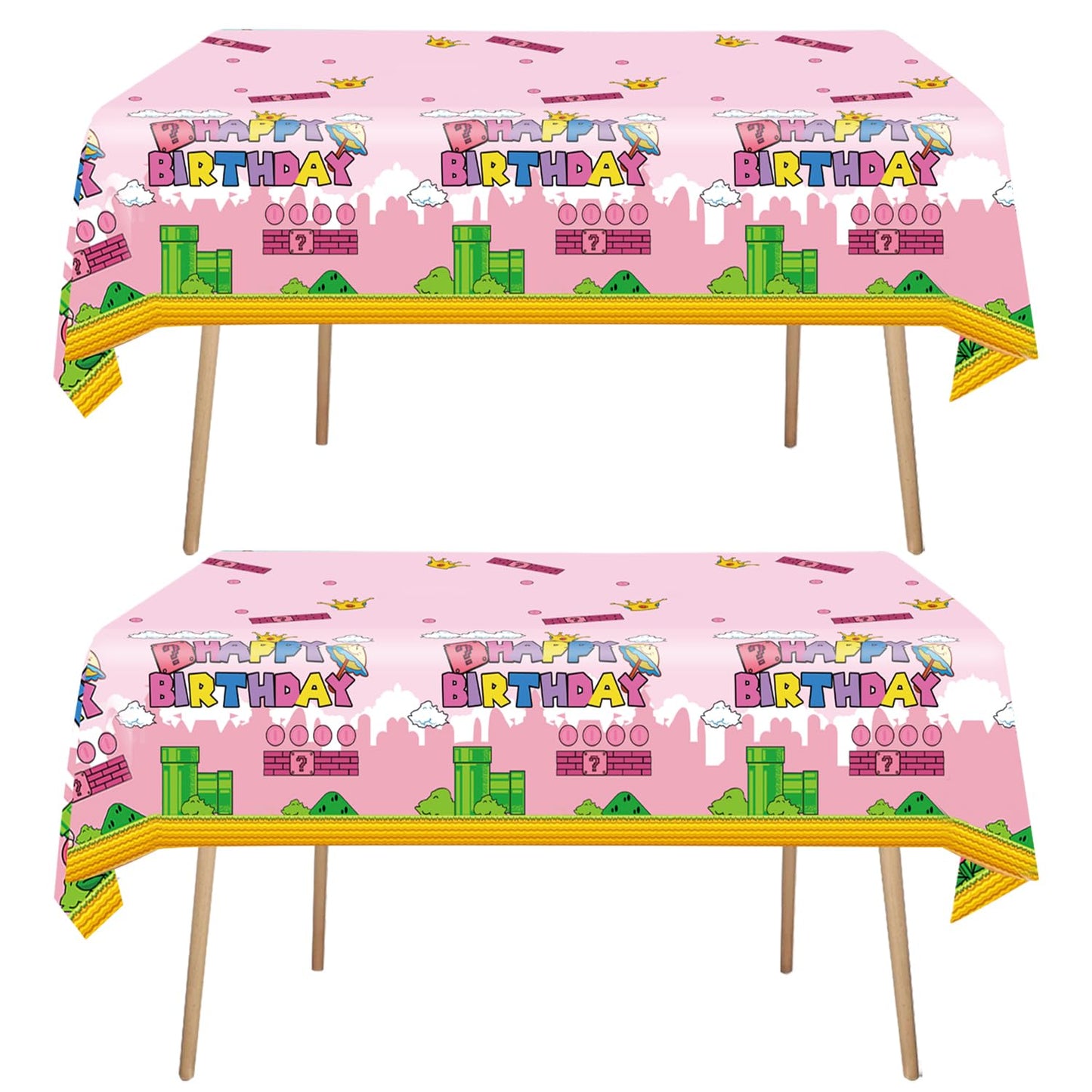 USERTEN 2Pcs Super Brothers Adventure Party Tablecloths 108 x 54 inches Video Game Theme Plastic Table Cloth Fits for Princess Peach Girl Birthday Party Decoration Pink Disposable Tablecover Supplies