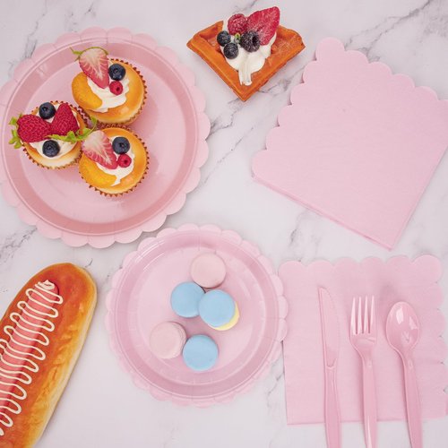 168 Pcs Pink Paper Plates and Napkins, Light Pink Party Supplies Include Scalloped Plate Napkins Cups Forks Knives Disposable Plastic Cutlery for Xmas Dinner Plates Table Decorations