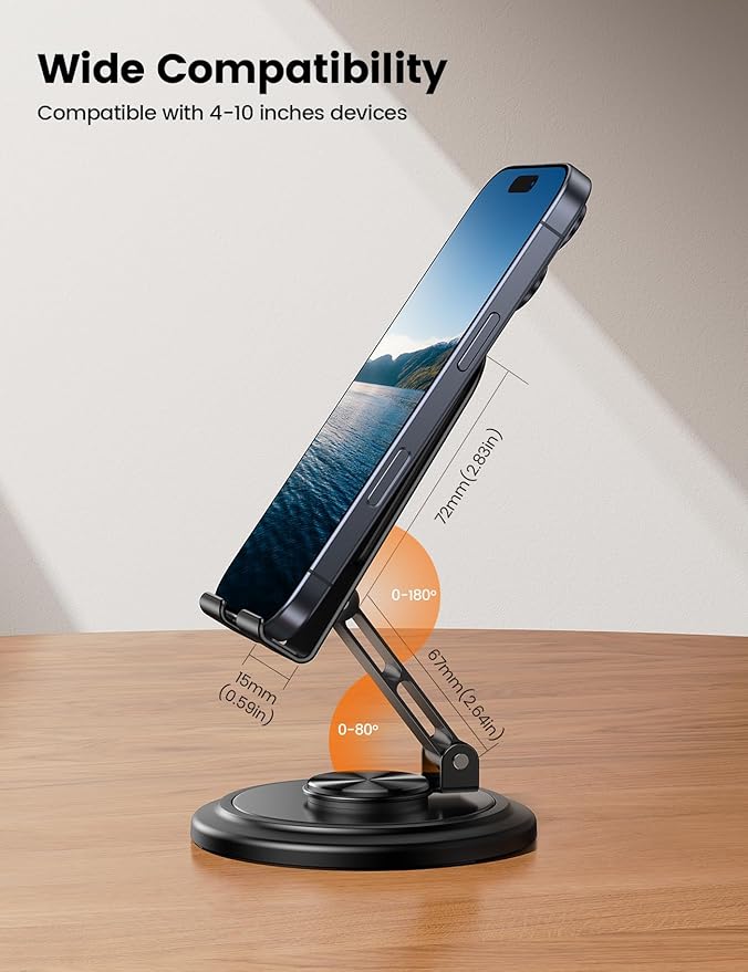 Lamicall Cell Phone Stand for Desk - [360° Rotation] Sturdy Adjustable Desktop Phone Holder, Foldable Mobile Stand, Office Gaming Desk Accessories Gifts for iPhone 17 16 15 Pro Max, Galaxy S26, Switch