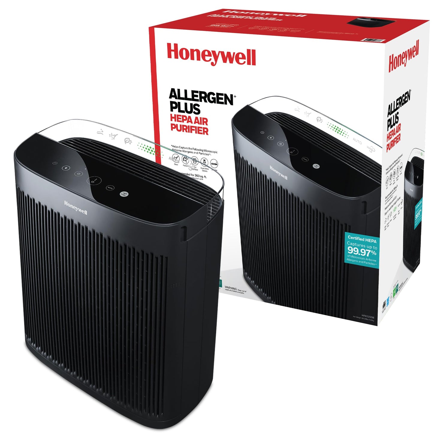 Honeywell HEPA Air Purifier for Home, Large Rooms Up To 1700 ft² in 1 hr, Air Quality Indicator, Auto Mode, Reduces Allergens, Dust, Pollen, Smoke, Pet Dander, Black, HPA5200