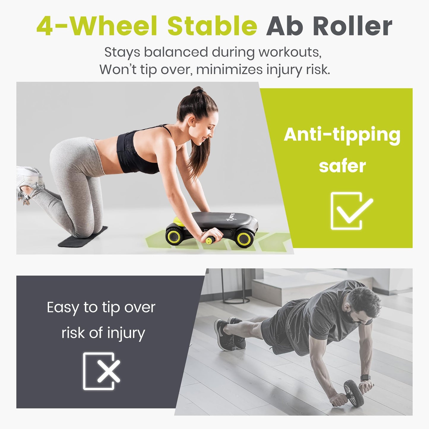 WONDER CORE Slide Fit: Ab Roller Wheel with Elbow Support, Automatic Rebound Ab Abdominal Exercise Roller Wheel, Abs Workout Equipment, Fitness Rolling Board with Knee Pad for Home Gym (Green)