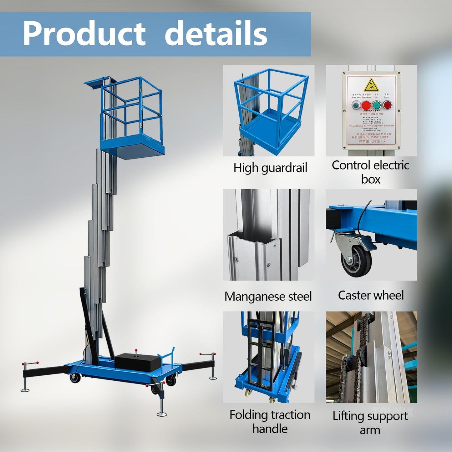 Electric Scaffolding Platform Lift, Aluminum Alloy Mobile Man Lift with Manganese Steel Support Arms, 1.1m Detachable Guardrail, 13ft-46ft Hydraulic Lifting Platform for Warehouse Construction