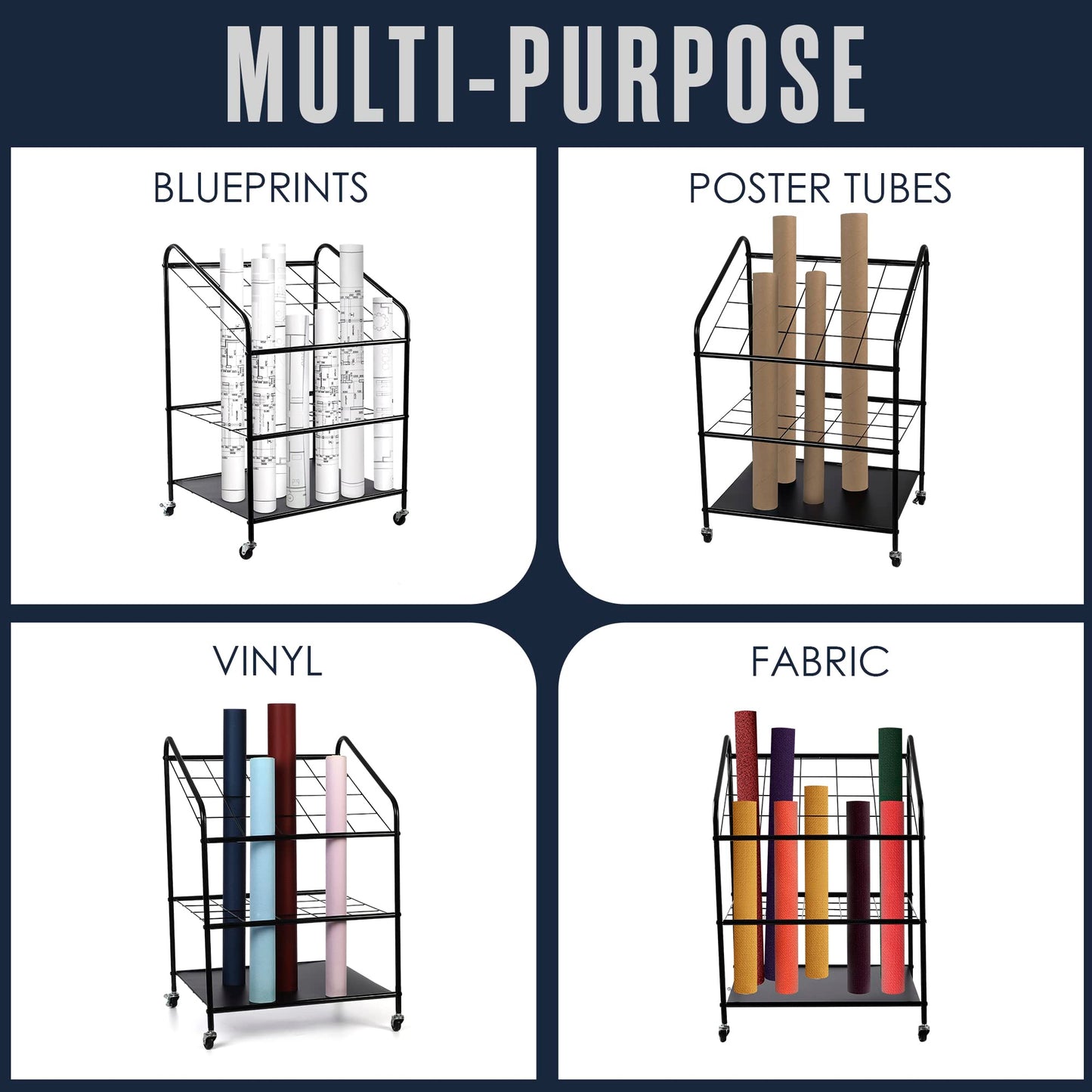 Houseables Blueprint Holder, Blueprint Storage, Construction Plan Holder, Storage Rack, Print Rack, Map Cabinet, Poster Display, Blue Print Organizer On Wheels, Architect, Paper, Tube, 20 Slot Cart