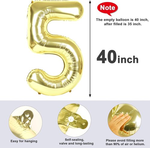 Balloon Numbers | 40 Inch Gold Number Balloons for 5th Birthday & Wedding Decor