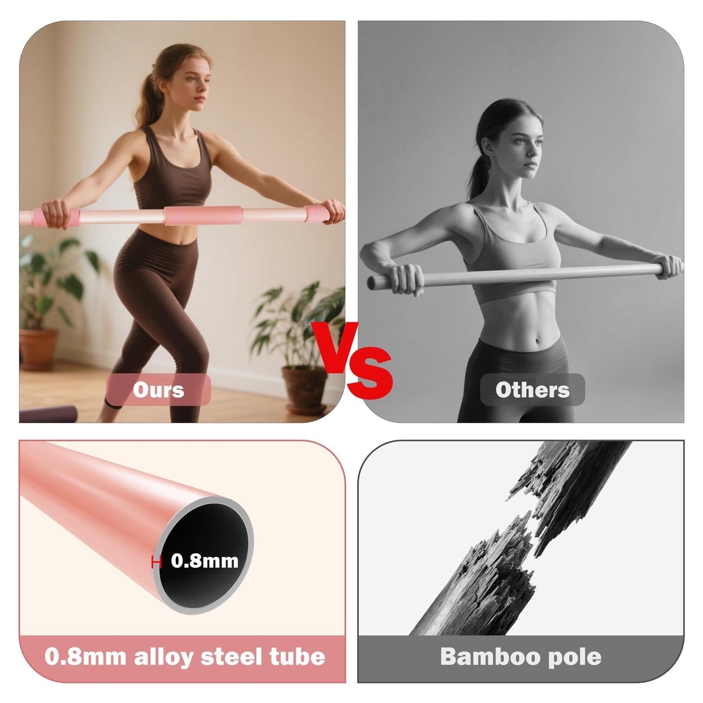 Scisum Pink Yoga Stick 58 Inch - Alloy Steel Stretching & Exercise Stick with Neck & Hand Pads, Shoulder Flexibility Tool for Yoga, Pilates & Home Gym Workouts