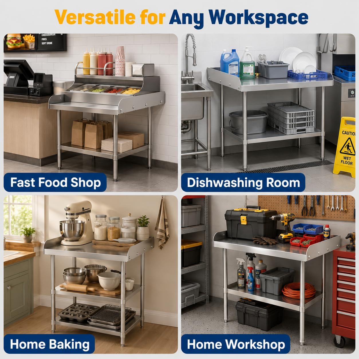 Chingoo Stainless Steel Equipment Stand, 24" x 24" x 26" NSF Work Table with 3-Sided Backsplash and Adjustable Undershelf for Commercial Restaurant, Home Kitchen, Hotel, Garage