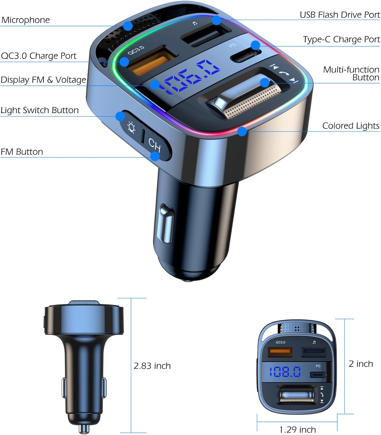 LIHAN 5.4 54W Bluetooth Car Adapter for Older Cars, PD Fast Charging FM Transmitter, Handsfree Call, Crystal Clear GPS