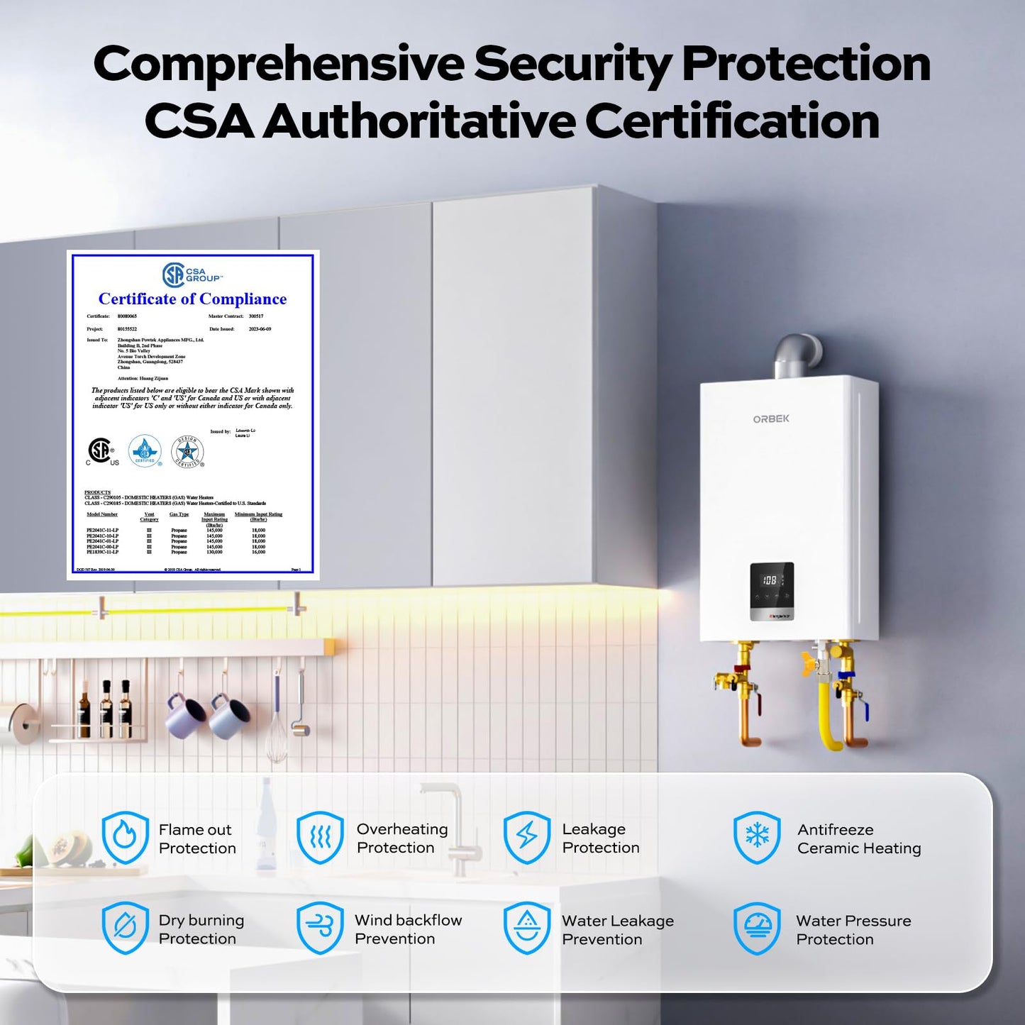 ORBEK Natural Gas Tankless Water Heater 80,000 BTU 3.6 GPM Indoor CSA Certified Low Flow 0.53 GPM On-Demand for Cabins Tiny Homes 1-Bathroom with Remote Control LED Display