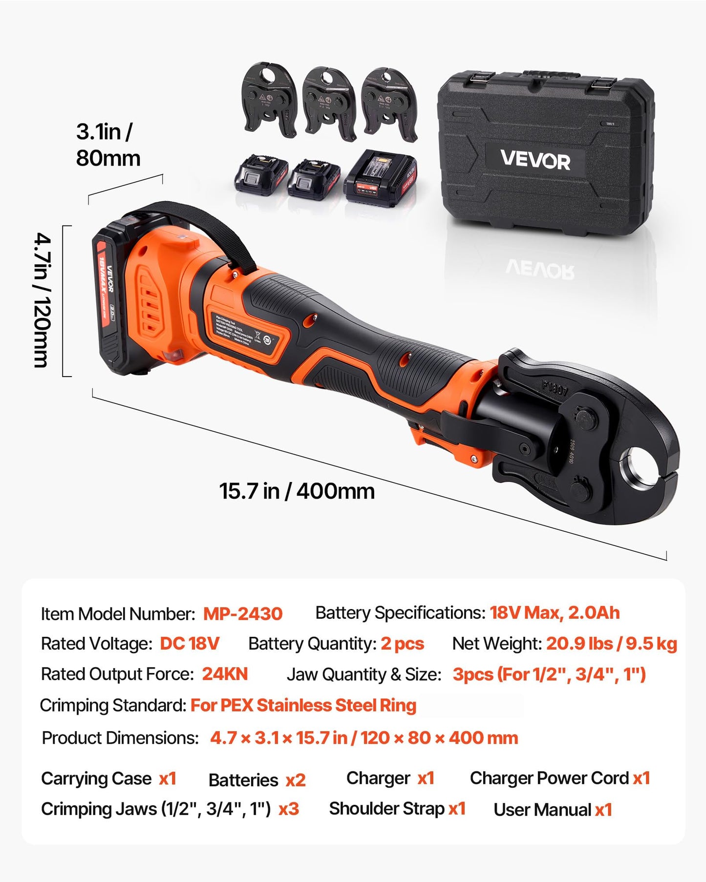 VEVOR Press Tool, 18V Electric Pipe Crimping Tool for 1/2" 3/4" 1" PEX Pipe Stainless Steel Rings, 24KN PEX Press Tool Compatible with PureFlow - with 3 VPF Jaws, 2pcs 2AH Batteries, Charger & Toolbox