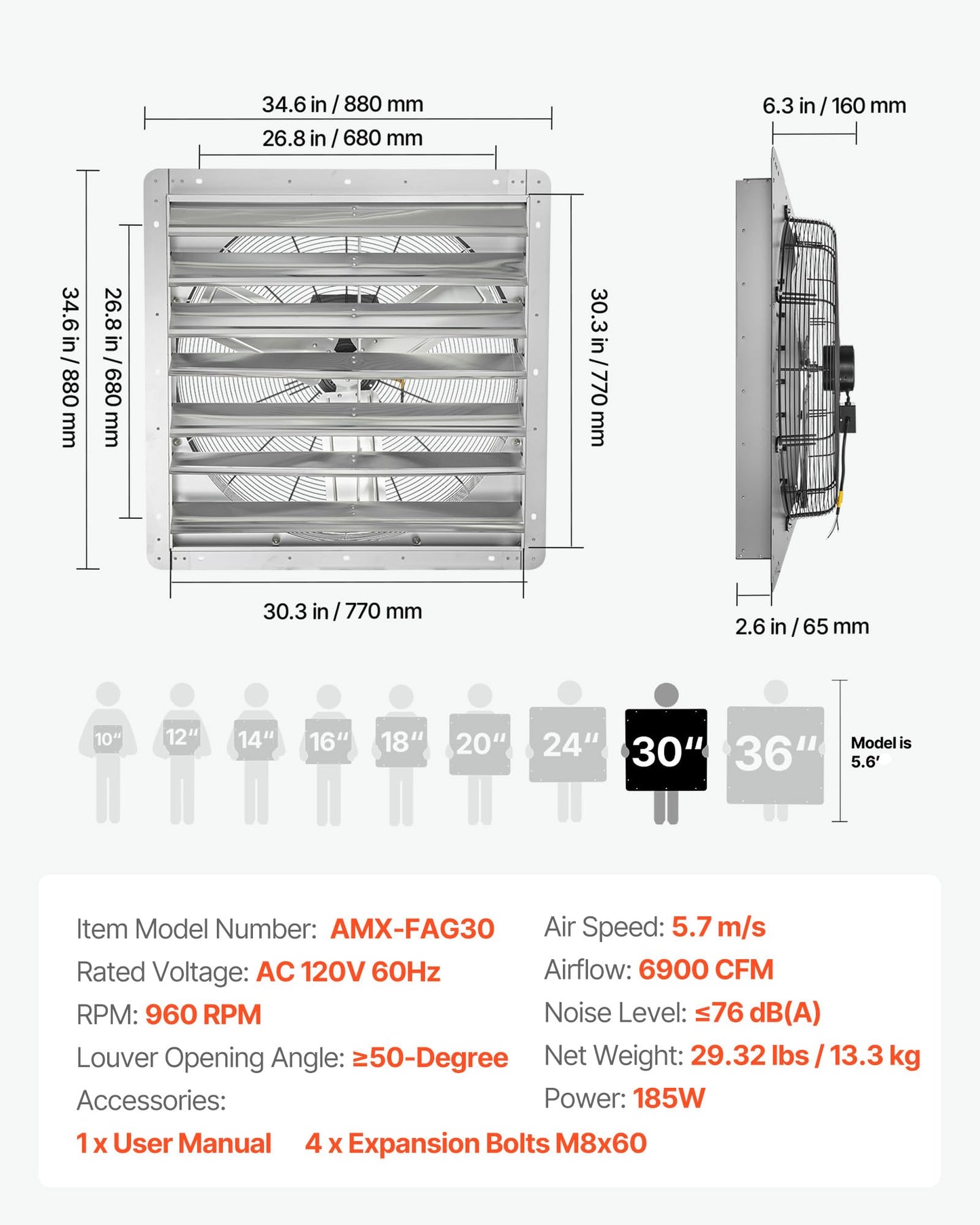 VEVOR 30'' Exhaust Fan, Wall Mounted Attic Fan with Variable Speed, 6900 CFM, Automatic Shutter, Ventilation and Cooling, Silver, Fan Only