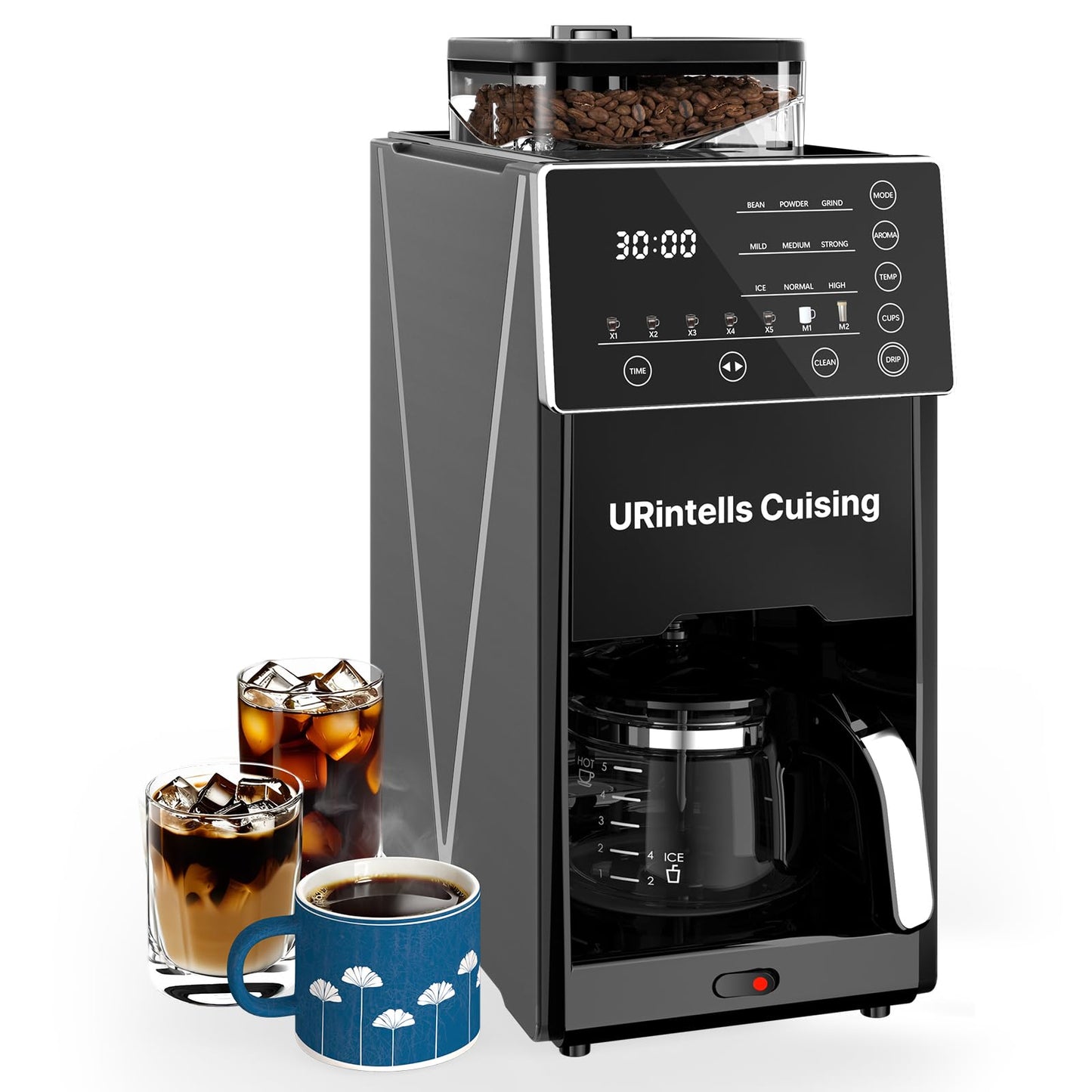 URintells Cuising Coffee Maker with Grinder, 22OZ Drip Coffee Maker with Glass Carafe and Removable Filter, Programmable Hot and Cold Bean to Cup Coffee Machine with Timer, Auto Shut Off