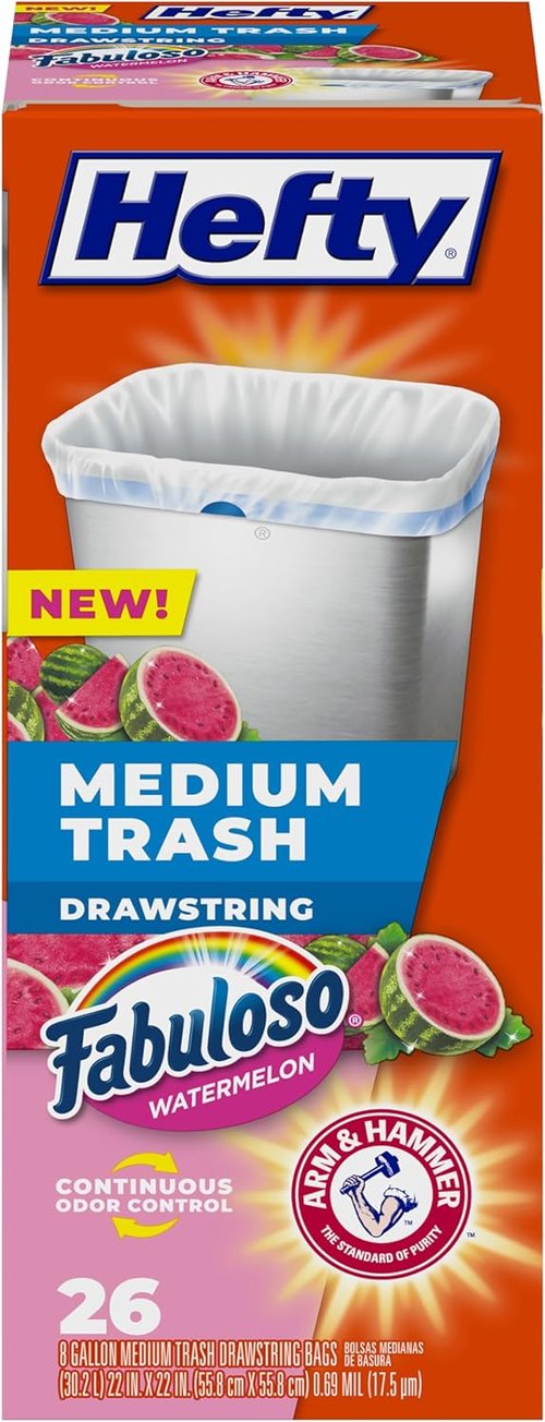 Hefty Medium Trash Bags - Watermelon Scented | 8 Gallon, 26 Count for Odor Control