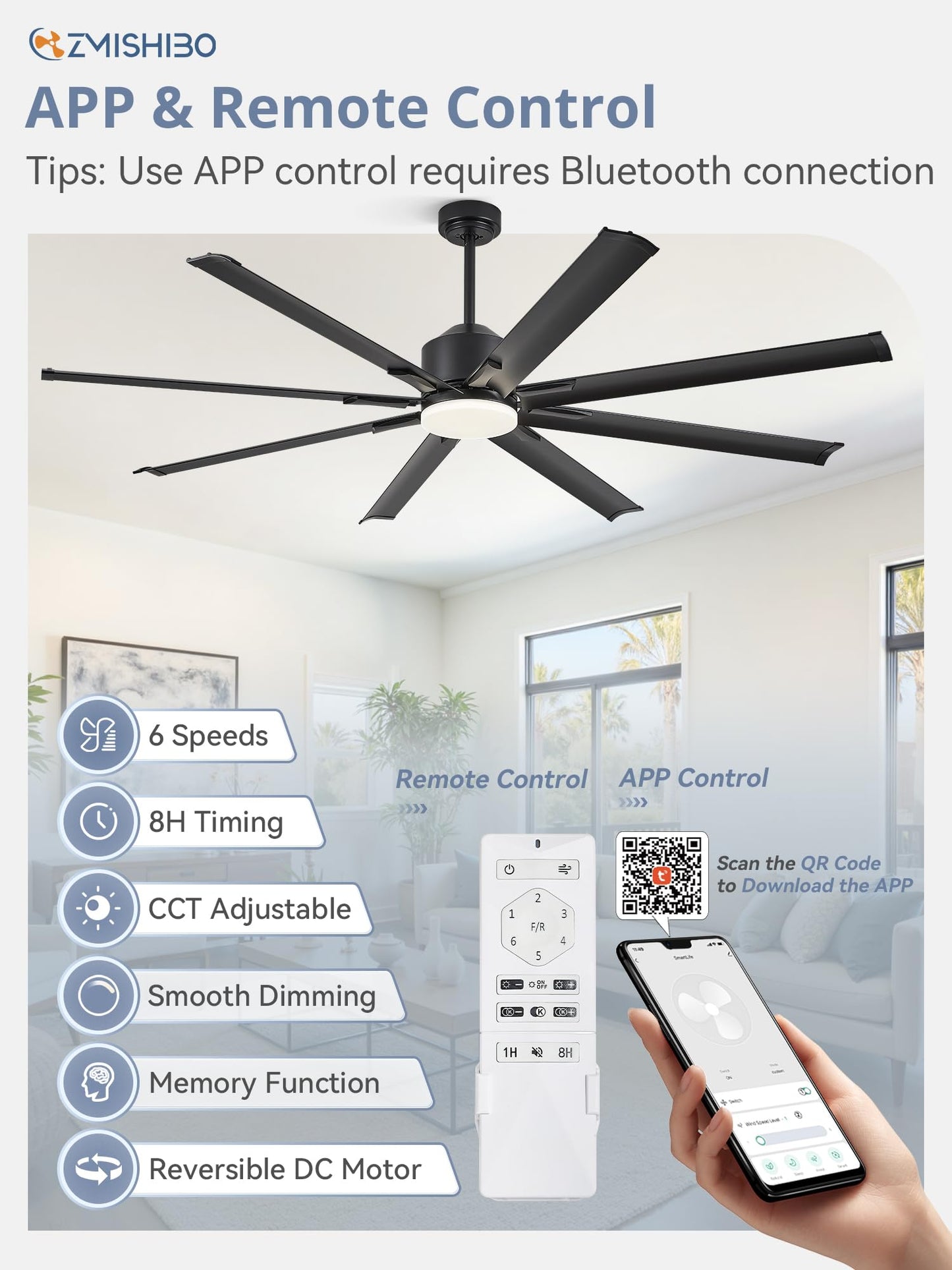 72 Inch Smart Ceiling Fan with Light and Remote via WIFI Alexa, Industrial Ceiling Fan with 8 Black Aluminum Blades, 3000-6000K Dimmable, 6 Speeds, Indoor Outdoor Ceiling Fans for Patio Living Room