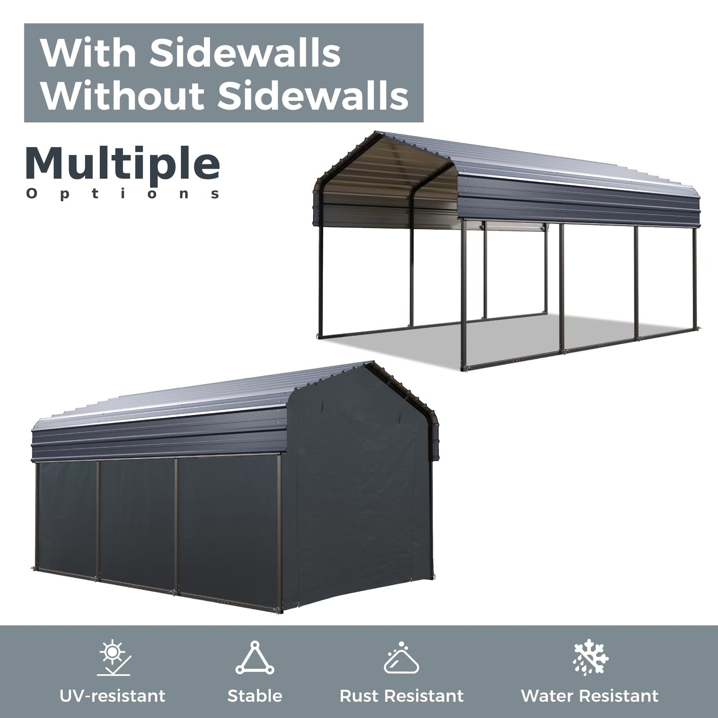 10 x 15 ft Metal Carport Kits with Galvanized Steel Roof & Removable Sidewalls, Heavy Duty Metal Carport Canopy, Outdoor Car Tent Metal Garage Shelter for Car, SUV, Truck and Boats, Gray