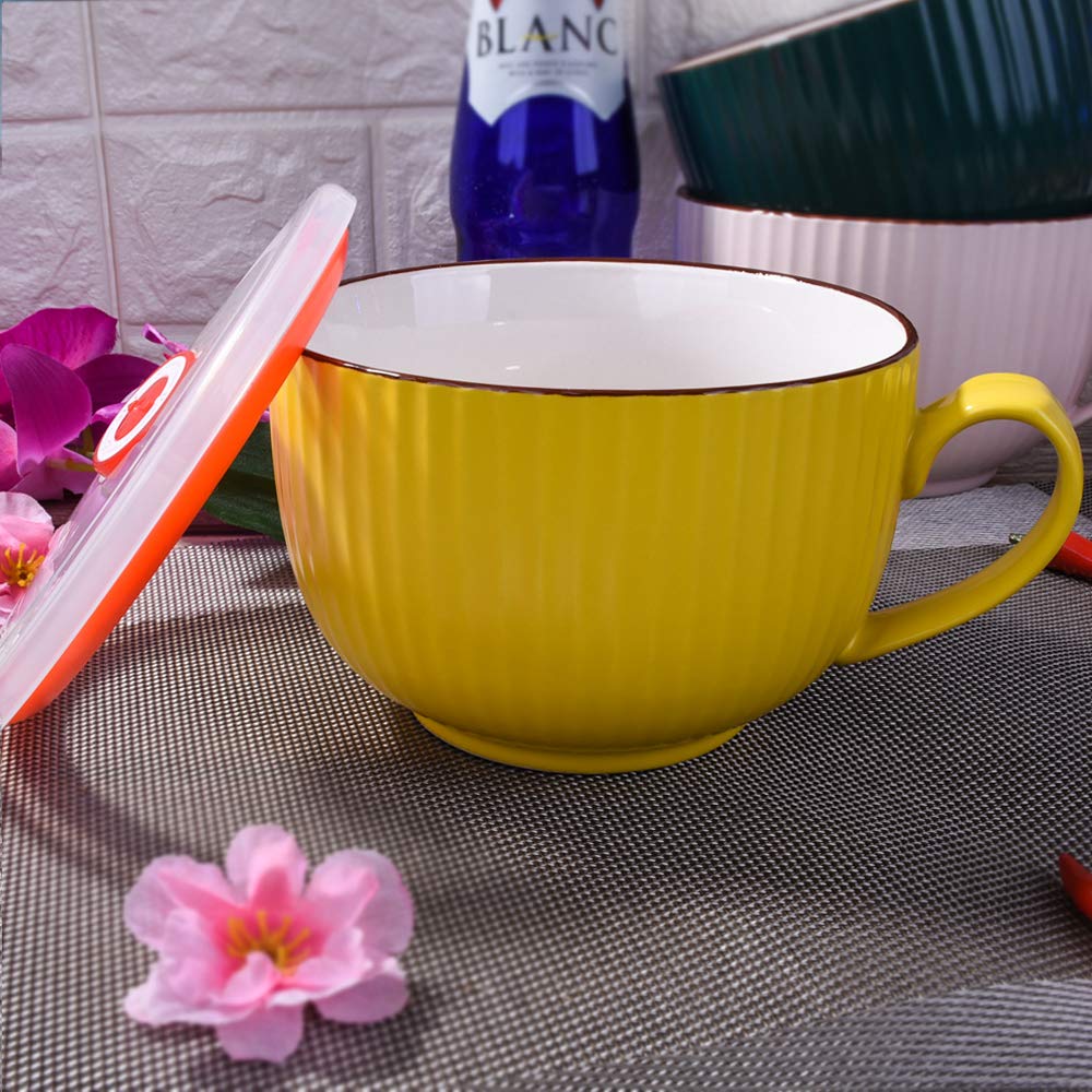 BOSILI 24oz Ceramic Soup Mug with Lid and Handle, Large Microwave Ramen Bowl for Dorm & Office, Vibrant Yellow Ribbed Cereal Cup for Oatmeal & Soup, Dishwasher & Fridge Safe, Gift for Roommates