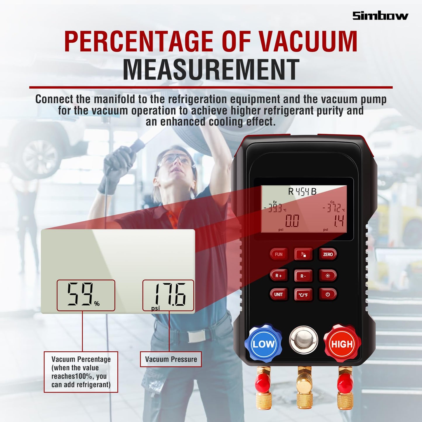 Simbow Digital Manifold Gauge, AMF-300 Digital AC Gauge Set HVAC Gauges with Super Soft 3000 Psi Air Hose Strong Biting Force Temperature Clamp for HVAC System Install Tool A2L R454B R-32 R-1234yf