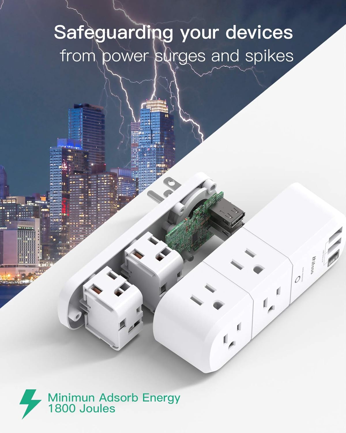 Mifaso 6 3 1800 3-Sided Outlet Extender with Rotating Plug, Surge Protector AC Multi Plug Wall Outlets and USB Ports