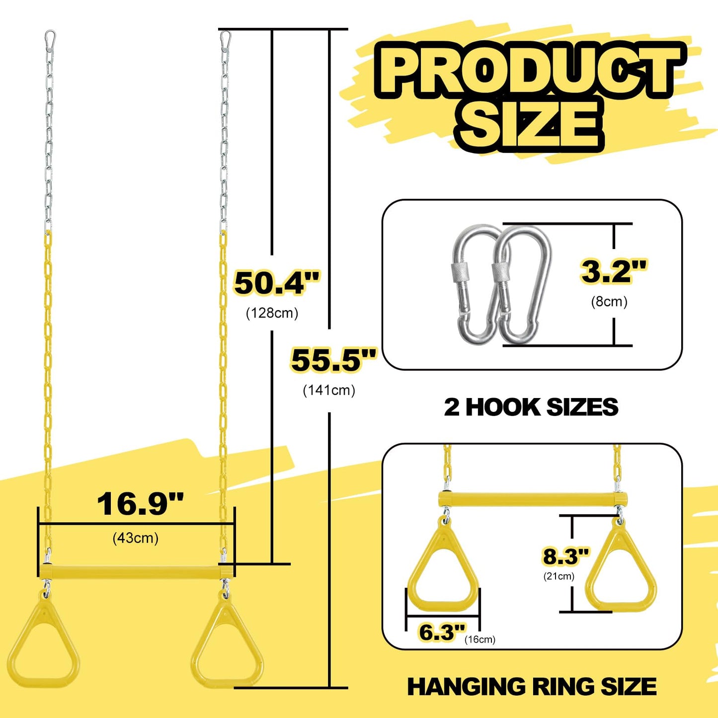 Duty Ring Trapeze Bar for Backyard-16.5" Trapeze Swing Bar- Swingset Accessories Outdoor with 47" Coated Chains 2 Snap Hooks (AB010004-1)