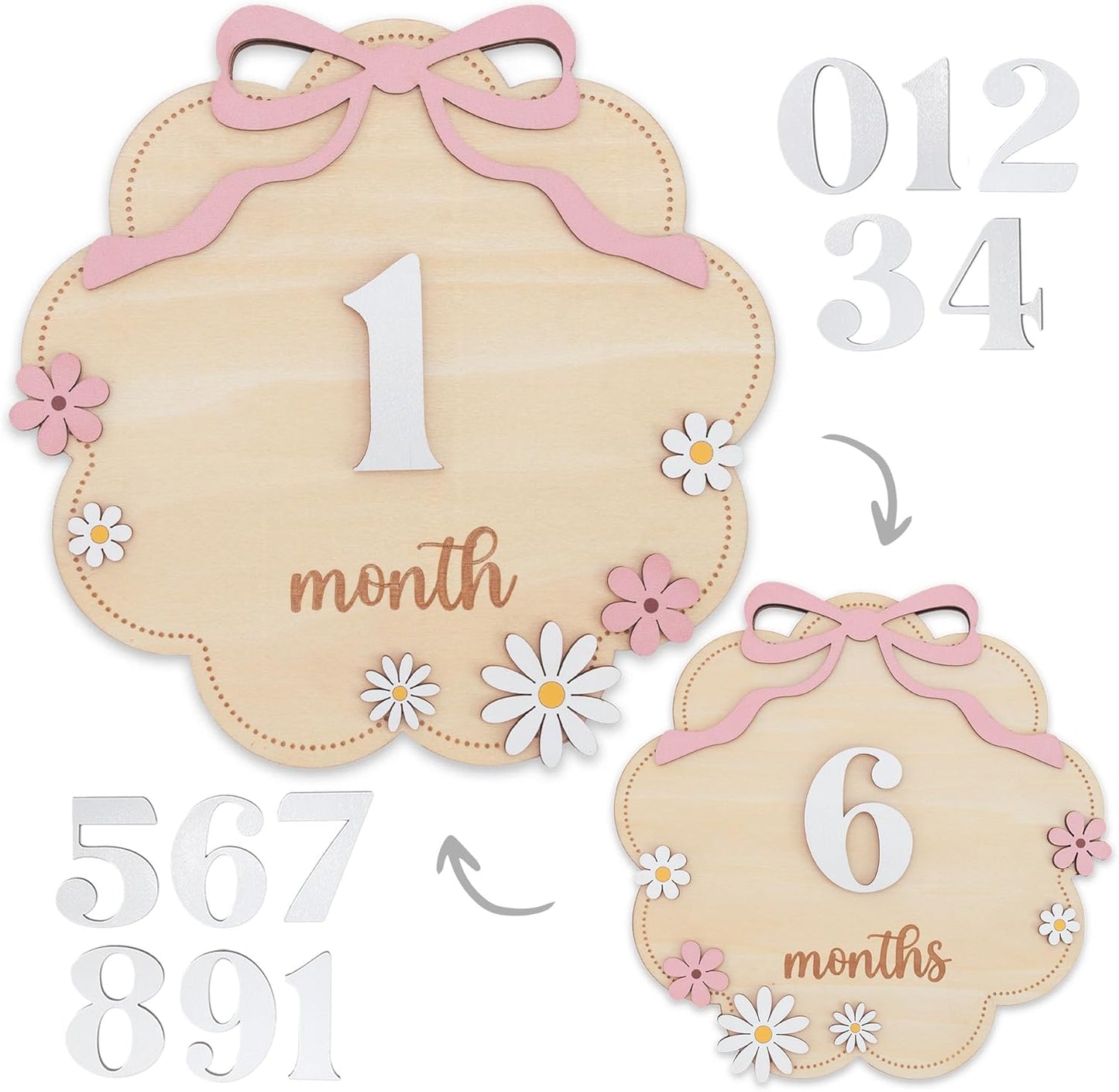 TTMerriwood Set 112 Wooden Baby Monthly Milestone Sign with Pink Bow, Month Cloud Shape Photo Prop, Floral Baby Girl