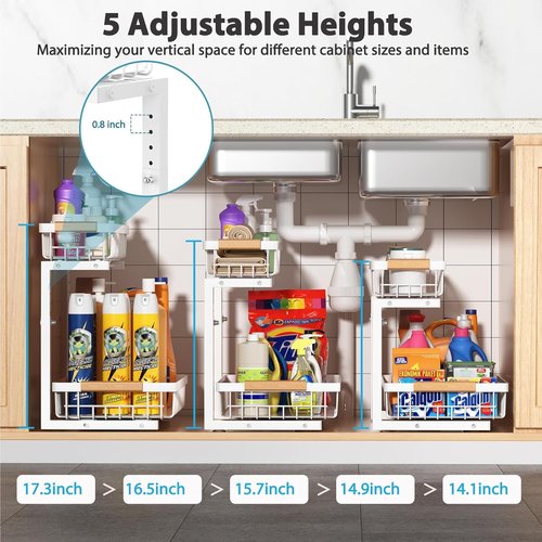 Liuoud Under Sink Organizer - 2 Pack Adjustable 2-Tier Storage Solution for Kitchen & Bathroom - White
