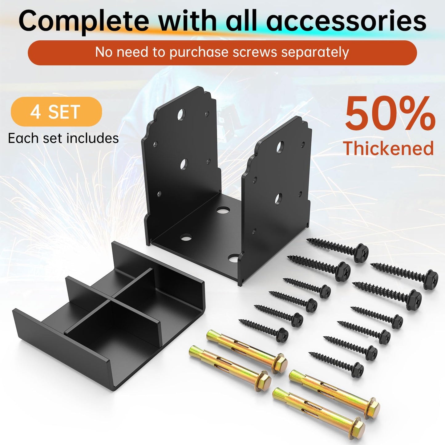 KOMOHOM 6x6 Post Base Brackets（4PCS） Heavy-Duty Post Bracket Surface Mount for Concrete, Thickened Pergola Brackets, 10,000 lbs Capacity, Black, Hidden Fasteners