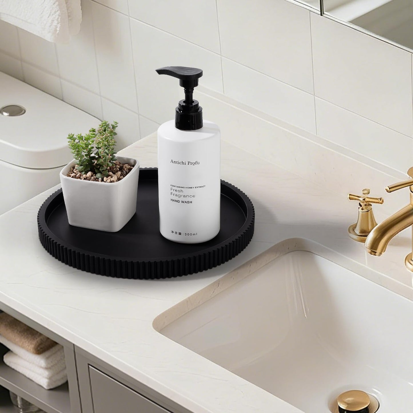 Silicone Bathroom Tray Round Kitchen Counter Organizer Decorative Vanity Accessories Coffee Table Decor for Perfume, Candle, Soap Dish, 9 Inch, Black