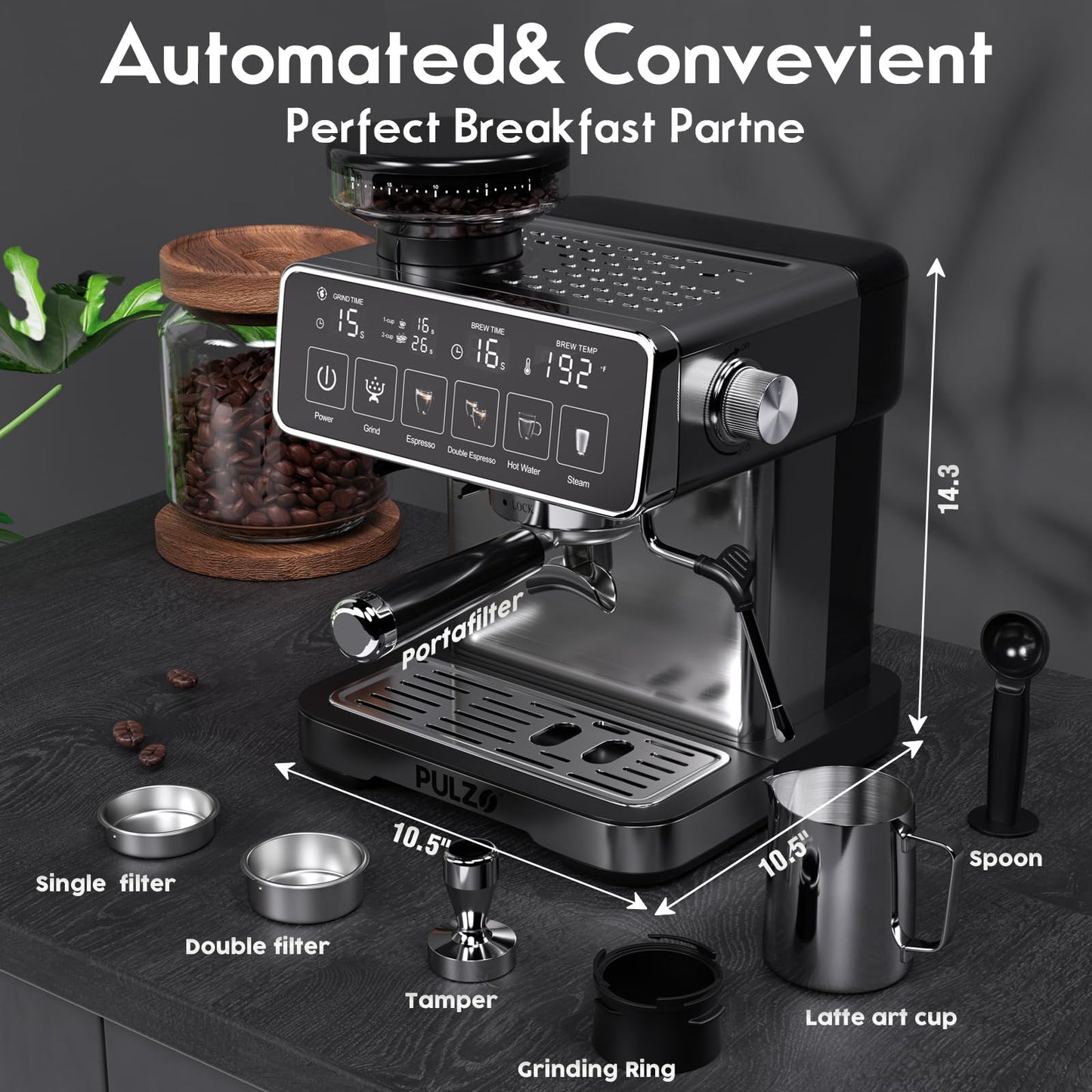PULZO Espresso Machine with Grinder, 20 Bar Professional Coffee Machine with Milk Frother Steam Wand, All-in-One Stainless Steel Coffee Maker to Make Latte, Cappuccino, 67oz Detachable Water Tank