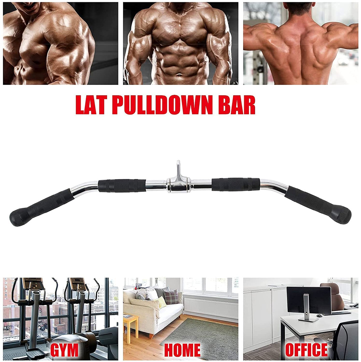 LAT Bar Cable Attachment with Rubber Handgrips, Deluxe Heavy Duty Solid Curl Bar Revolving Hanger Home Gym Cable Attachments (35.5 in Lat Bar)