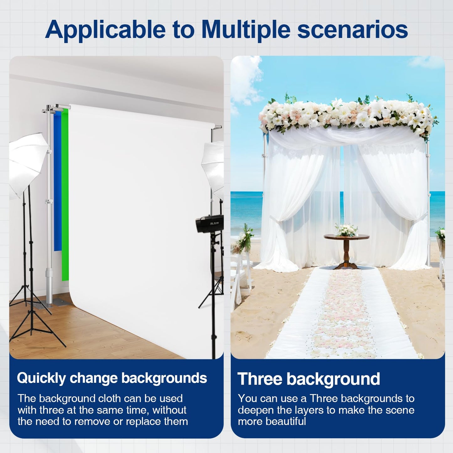 EMART Backdrop Stand Heavy Duty 10x10Ft,Three Crossbar Pipe and Drape Photo Background Support Kit, Adjustable Metal Frame with Flat Base for Wedding Birthday Party Decorations