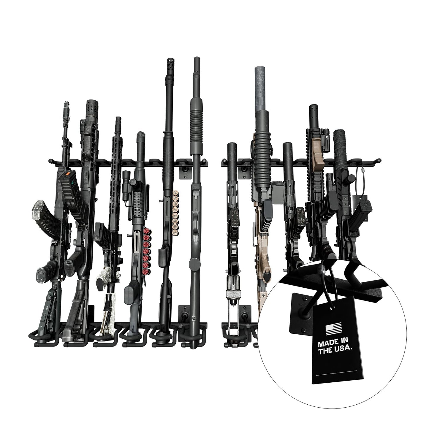 Hold Up Displays Wall Mount Gun Rack - 2 Pack, Vertical Rack, Heavy Duty Steel, Holds 12 Rifles & Shotguns - Made in USA