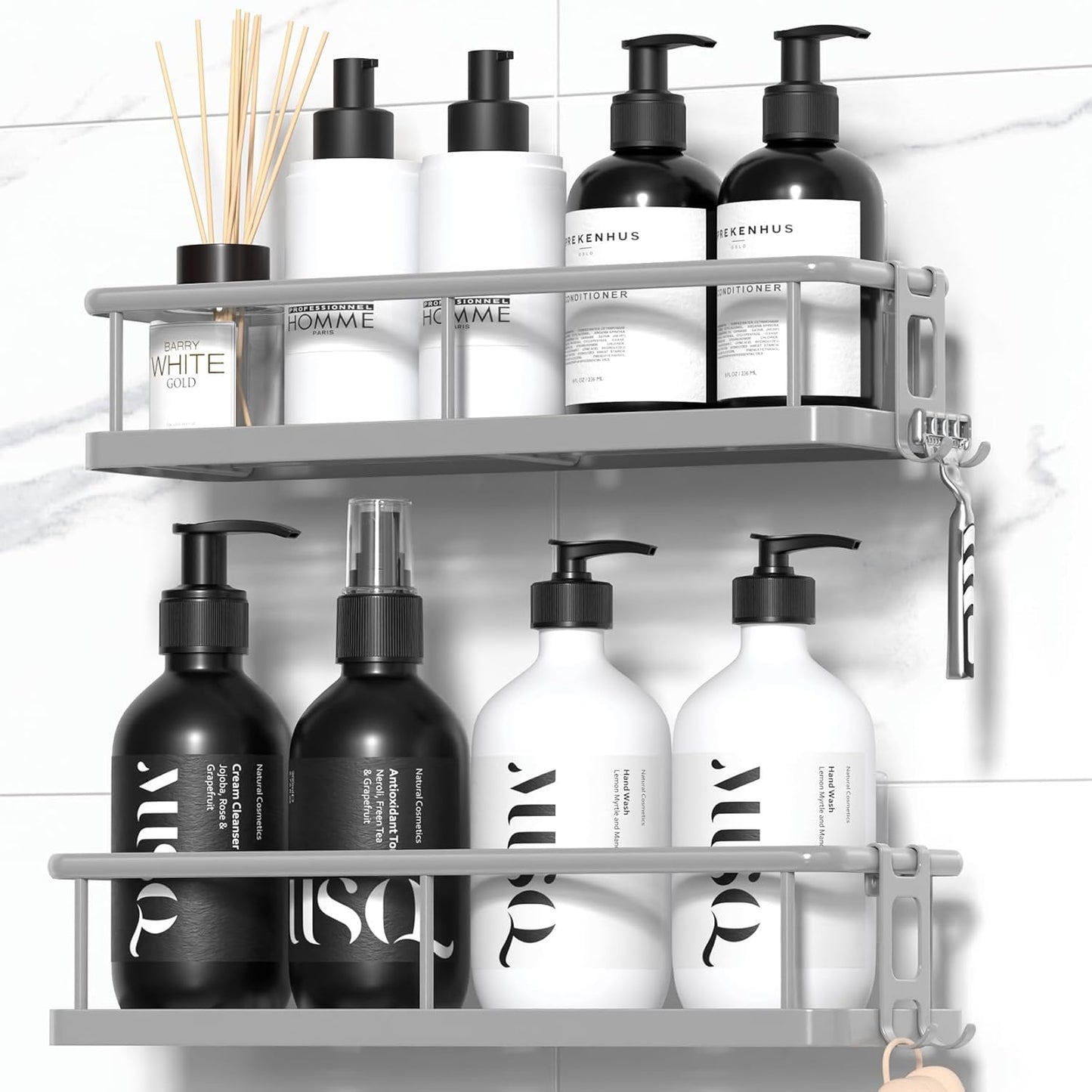 YASONIC Shower Caddy - No Drill Bathroom Organizer with Removable Hooks | Rust-Proof Grey Shelves, 2 Pack