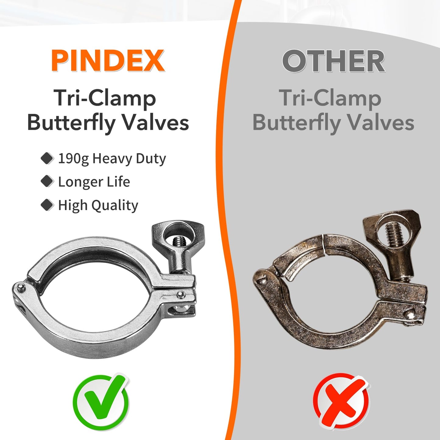 Pindex 5 Pack 2 Inch 190g Heavy Duty Tri Clamp with Silicone Gasket 304 Stainless Steel Sanitary TC Fittings