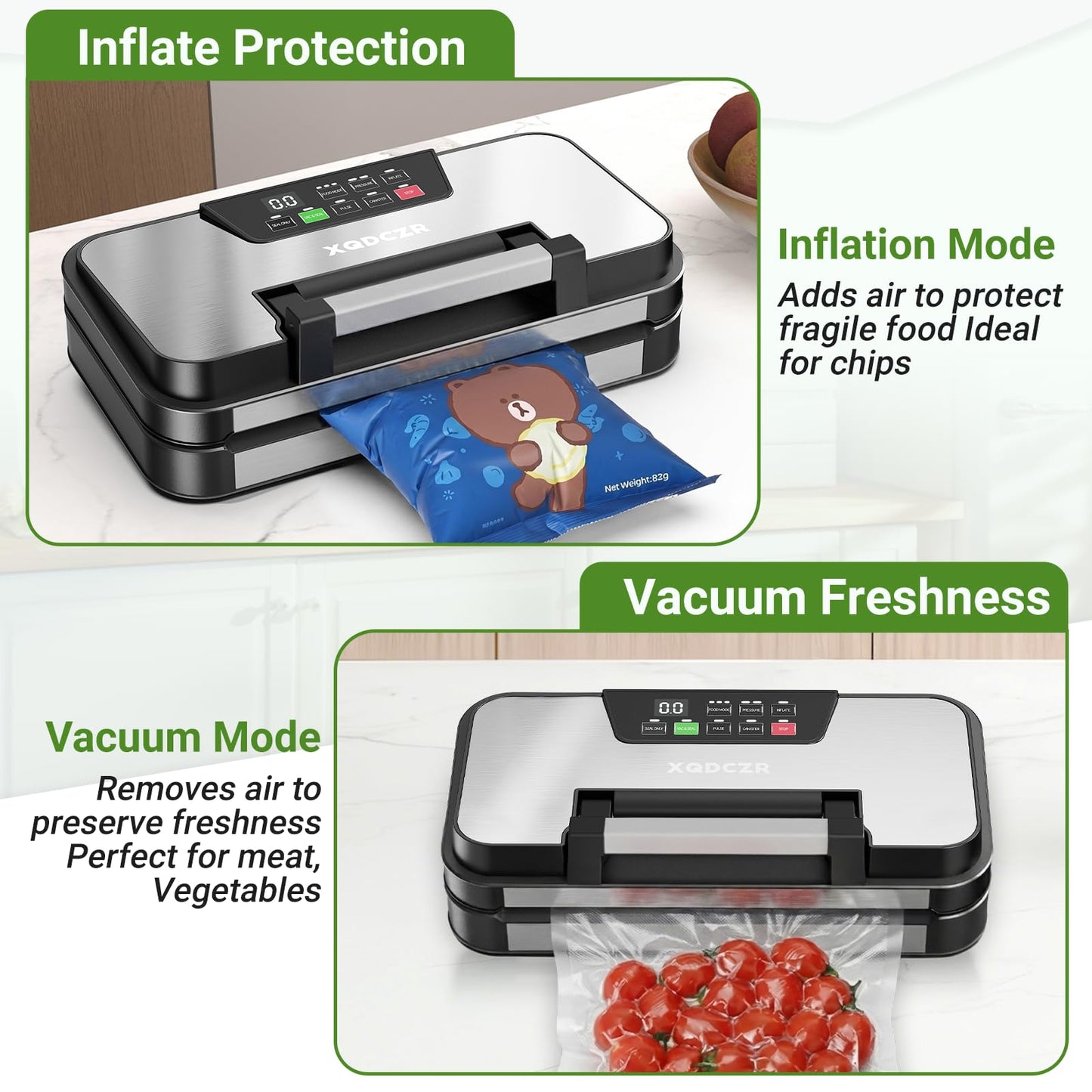 95kPa Vacuum Sealer Machine, Powerful Double Pump 10-in-1 Food Sealing System with Double Heat Seal, Built-in Cutter & Bag Storage, Easy-Lock Handle, Hose, 2 Bag Rolls, Durable Stainless Steel Design