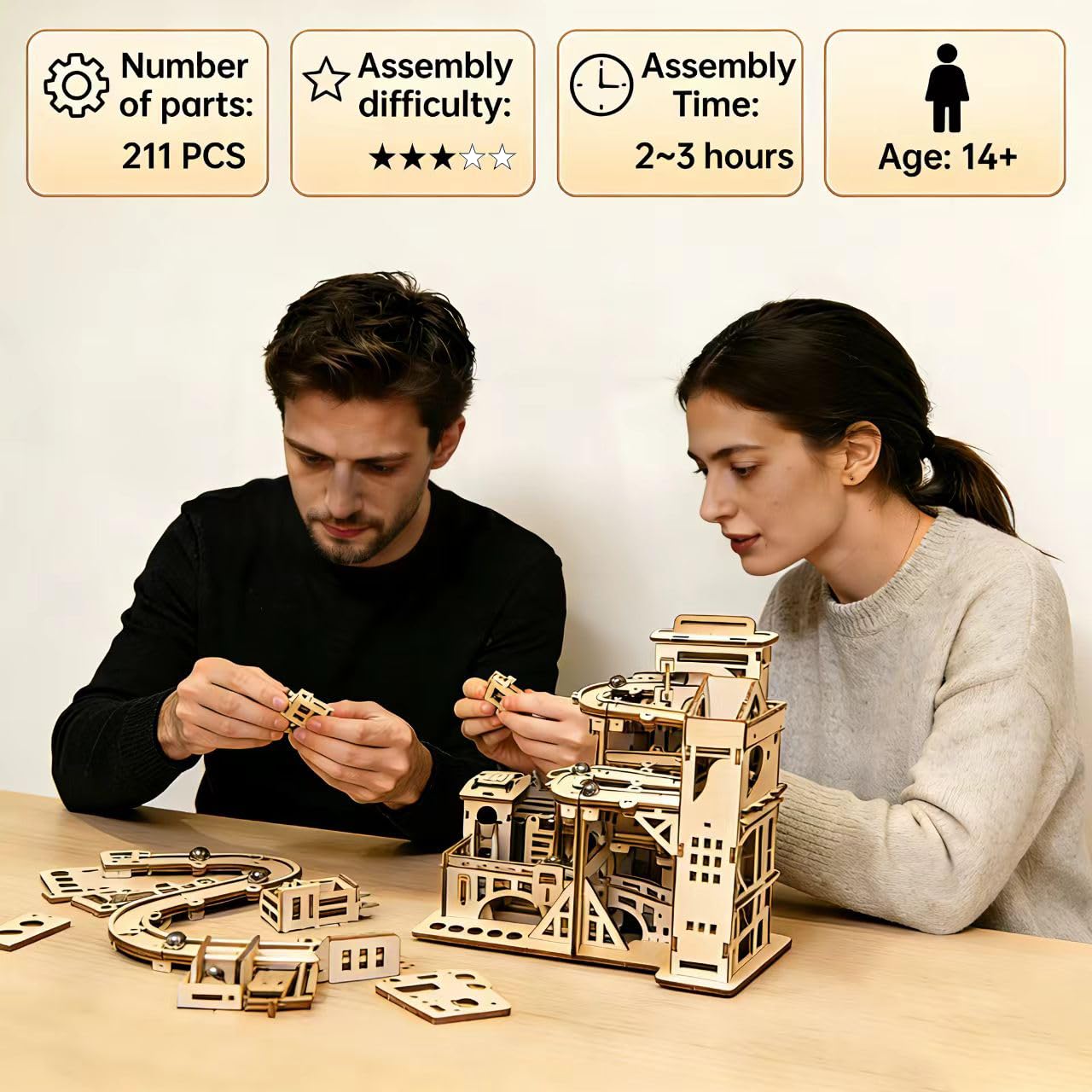 3D Wooden Puzzle for Adults, Marble Run - Advanced Roller Coaster Model Building Set, DIY Wooden Marble Run Track and 3D Jigsaw Puzzle for Adults and Teenagers, challenging Birthday Gift