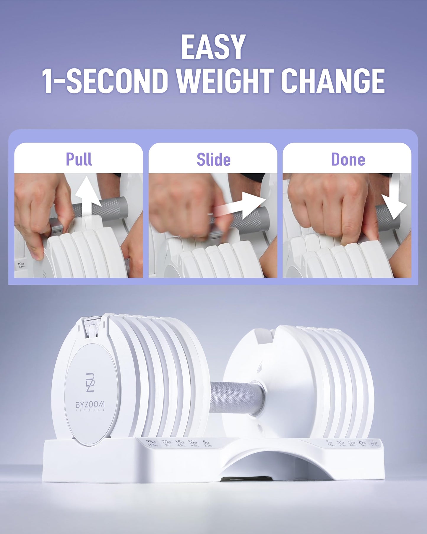 BYZOOM FITNESS Adjustable Dumbbell Set 25lb Single Unit – 5-in-1 Compact Free Weights for Home Gym, Patented Easy-Adjust Design, Sleek Aesthetic for Strength Training & Workouts, White