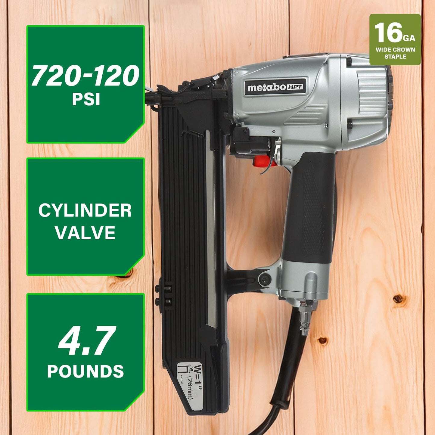 Metabo HPT Wide Crown Stapler, Pro-Preferred Pneumatic Power Nailers, Lathing Tool for Sheathing & Insulation, Quick Response, 16 Gauge, Up to 150 1" Wide Crown Staples, Length 1" to 2", N5024A2
