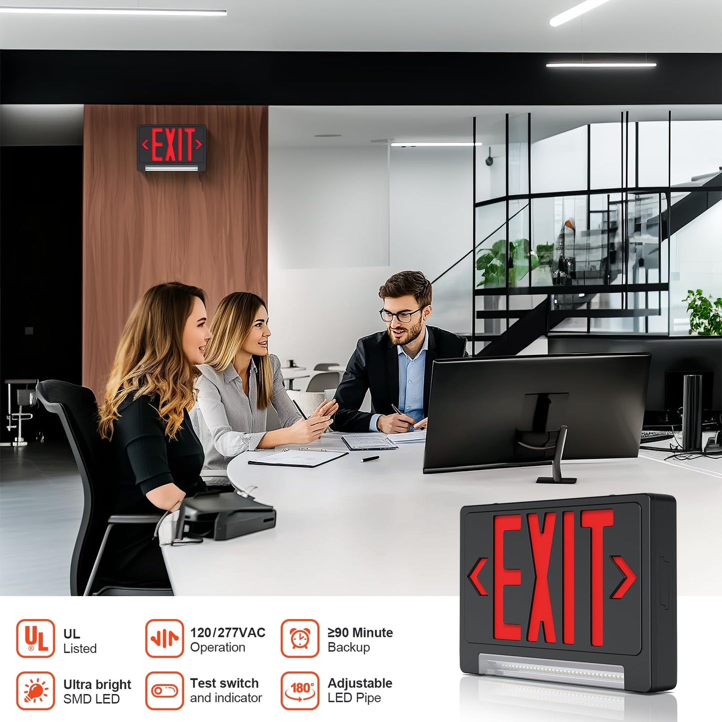 SASELUX Exit Sign with Adjustable LED Pipe,Exit Signs with Emergency Lights Bar Combo, Compact Hardwired Exit Sign with Battery Backup,Black Led Emergency Exit Light,120V/277VAC,UL Listed (1 Pack)