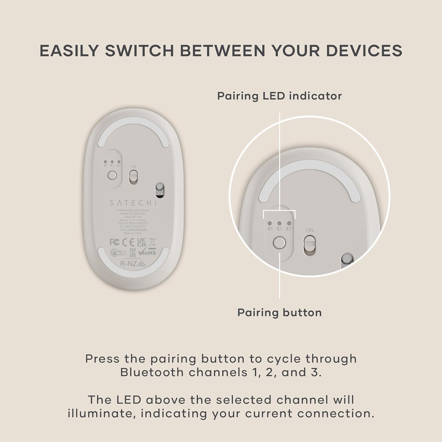 Satechi 3 OntheGo Bluetooth Mouse with USB C Rechargeable Battery, Connect up Devices, Compact and Portable Wireless