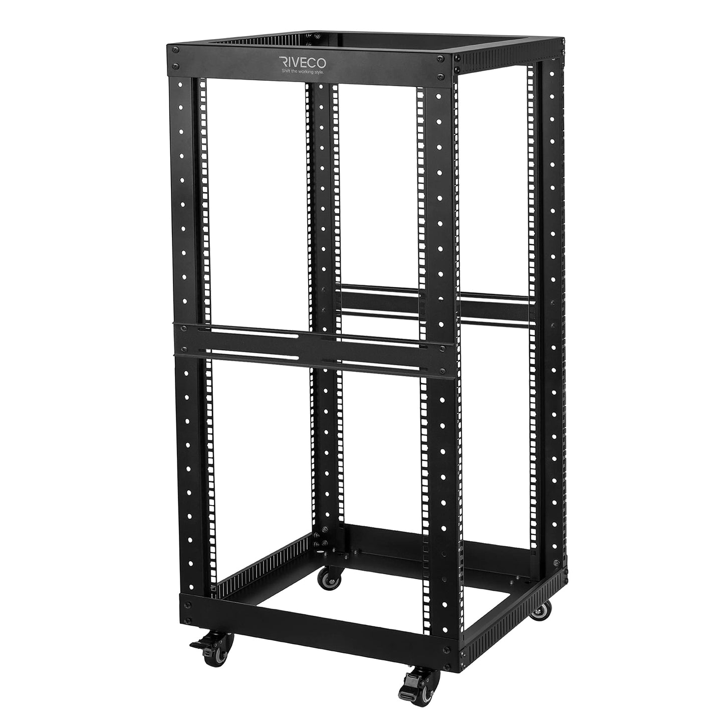RIVECO 22U Open Frame Server Rack with Wheels- Heavy Duty 4 Post Quick Assembly 19-inch, Stereo Rack Rolling Network Shelf Black