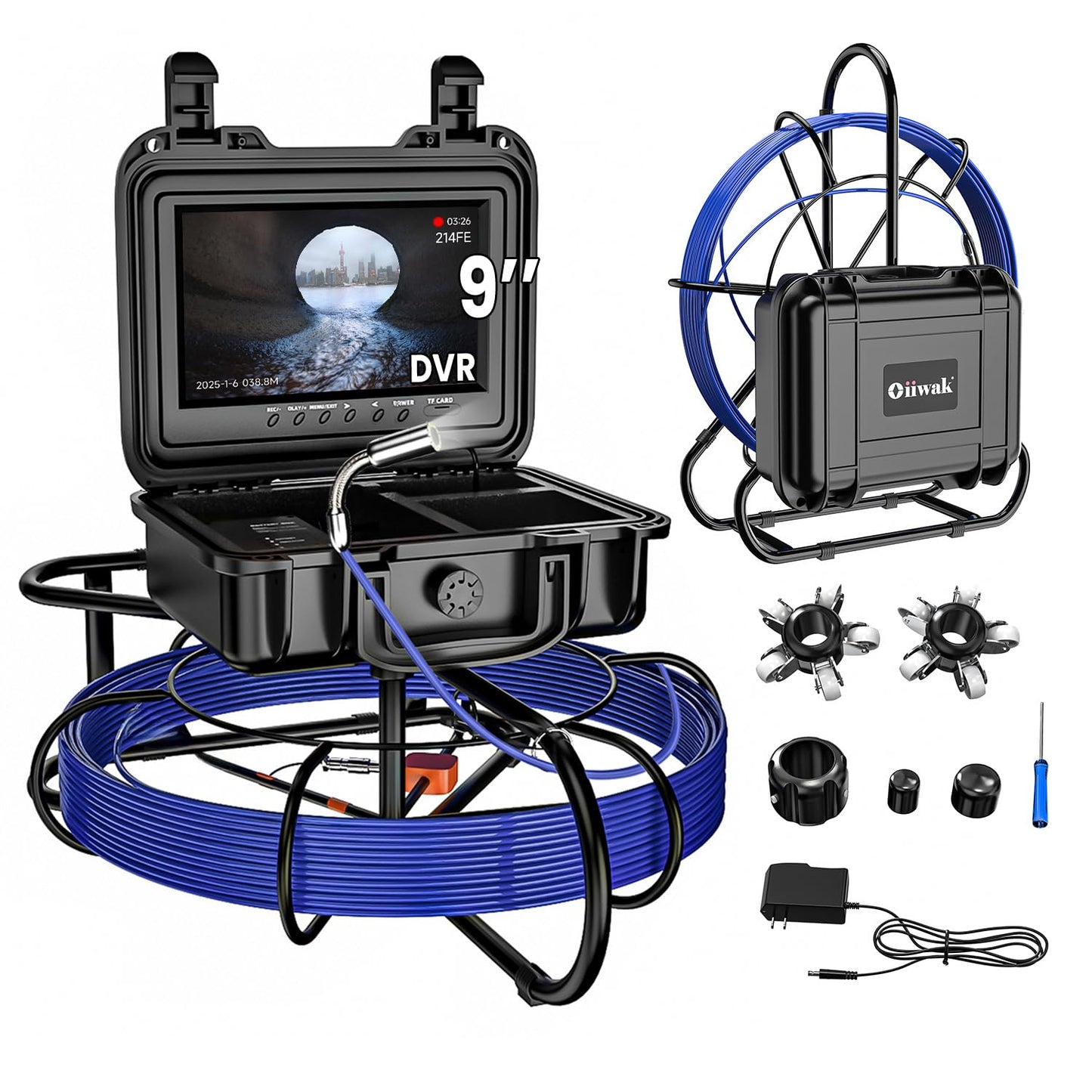 Oiiwak Sewer Camera, 165FT Sewer Pipe Inspection Camera with 9'' LCD Monitor for Snake Drain Plumbing Pipe, 720P DVR Recorder, 12 LEDs, IP68 Waterproof 23MM Industrial Borescope, 16GB SD Card