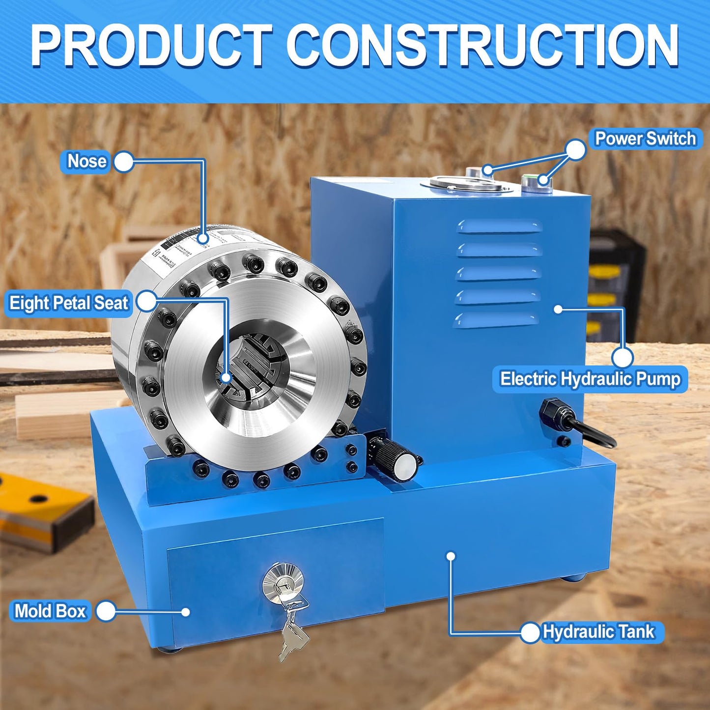 Electric Hydraulic Hose Crimper with 8 Dies, Portable Crimping Machine for1/4" to 1" Hose, High Pressure Electric Crimping Tool for Automotive, Excavators, AC Lines, Agricultural Equipment