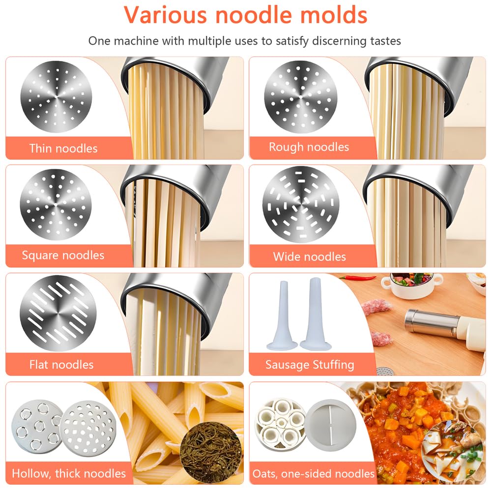 QCQDL Electric Pasta Maker, Handheld Pasta Maker Machine, All-In-One Cordless Noodle Machine, with Shaping Molds And Cutter,White