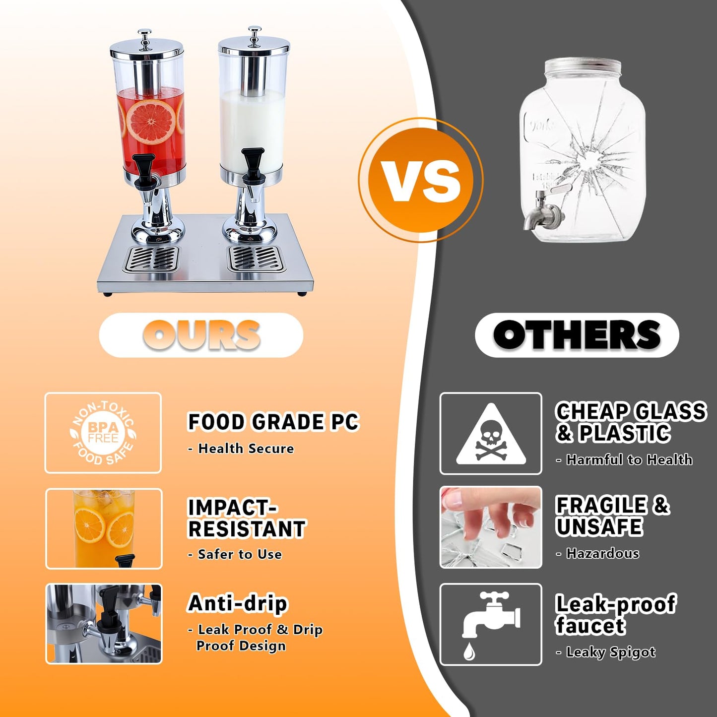 VAKUKK 2-Gallon Drink Dispenser with Stainless Steel Drip Tray - Party Beverage Juice Lemonade Iced Tea Water Dispenser for Church Events, Catering, Family Gatherings & Outdoor (SILVER)