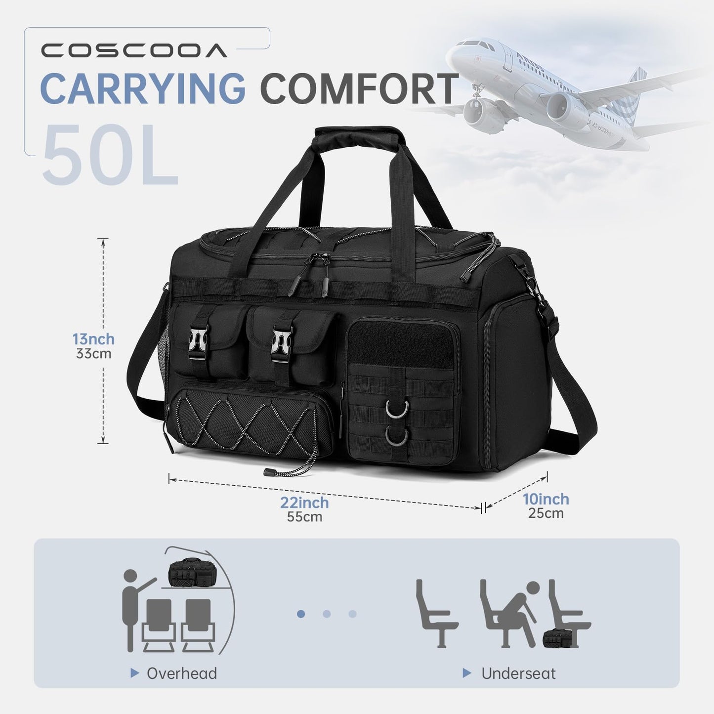 COSCOOA Tactical Gym Bags for Men, Carry On Luggage 22x14x9 Airline Approved, 3 in 1 Duffle Bag with Shoe Compartment,Travel Backpack Weekender Overnight Range Bag for Workout Football, Black