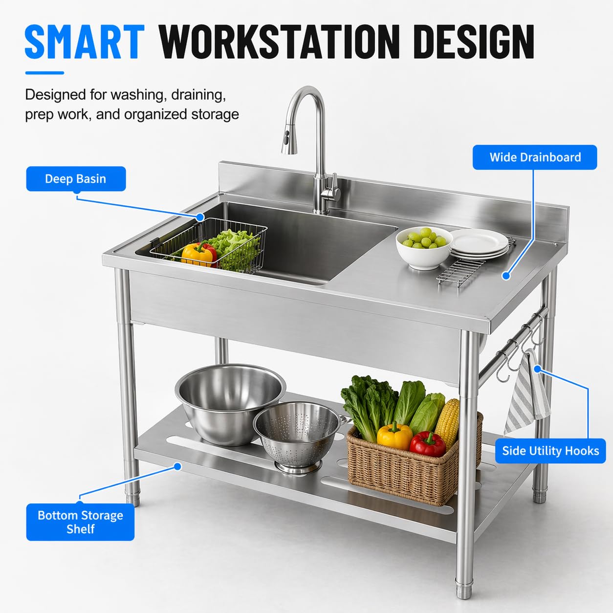Garvee Gray Utility Sink 47" x 22" x 37", Freestanding Stainless Steel Single Bowl Laundry Sink with Pull Down Faucet, Large Workbench Top for Laundry Room, Garage, Mudroom, Modern Metallic Finish