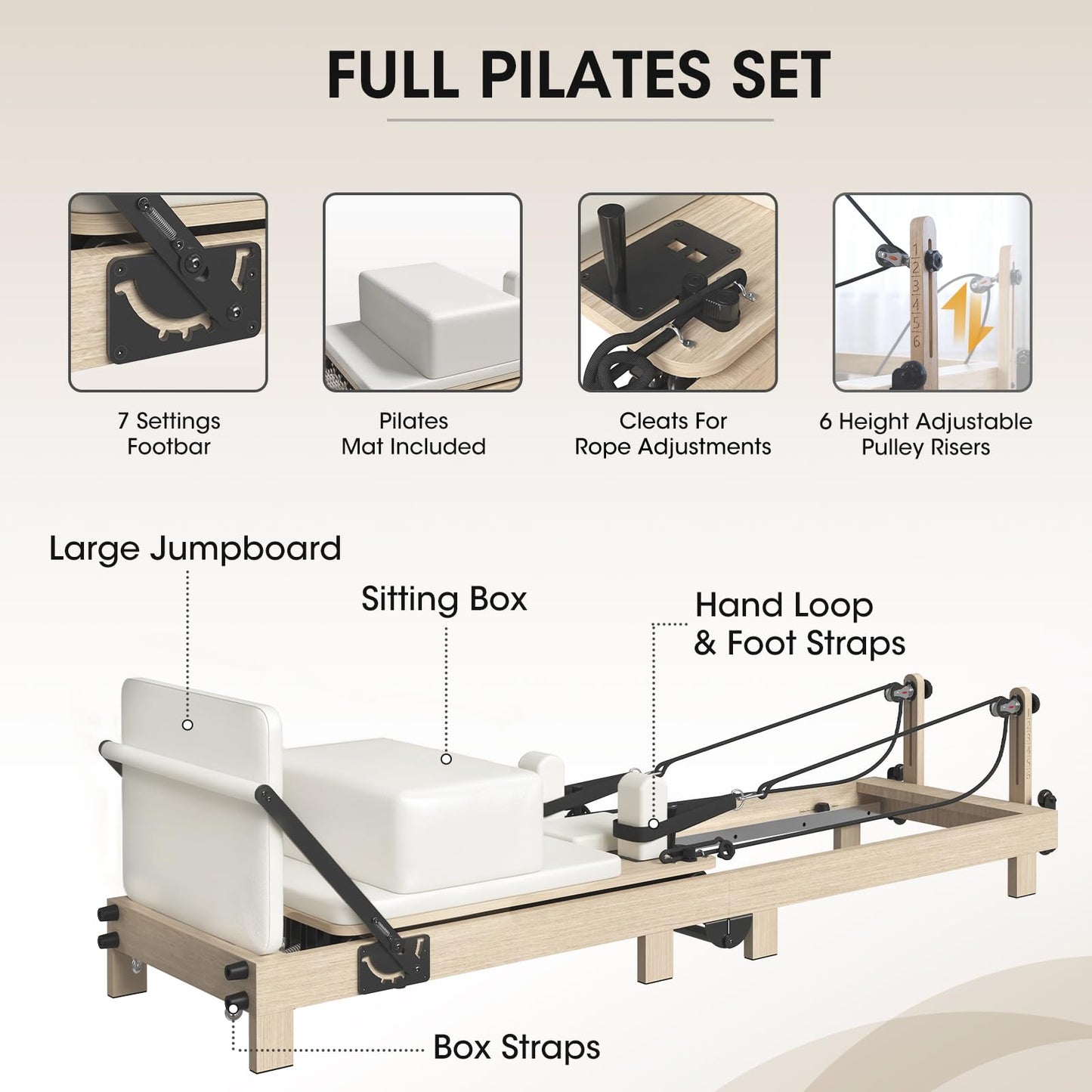 Pilates Reformer, PAETA 92" Wooden Foldable Pilates Reformer Machine with Springs, Pilates Machines for Home Use and Studio, Pilates Equipment with Sitting Box, Jump Board and Accessories(White)