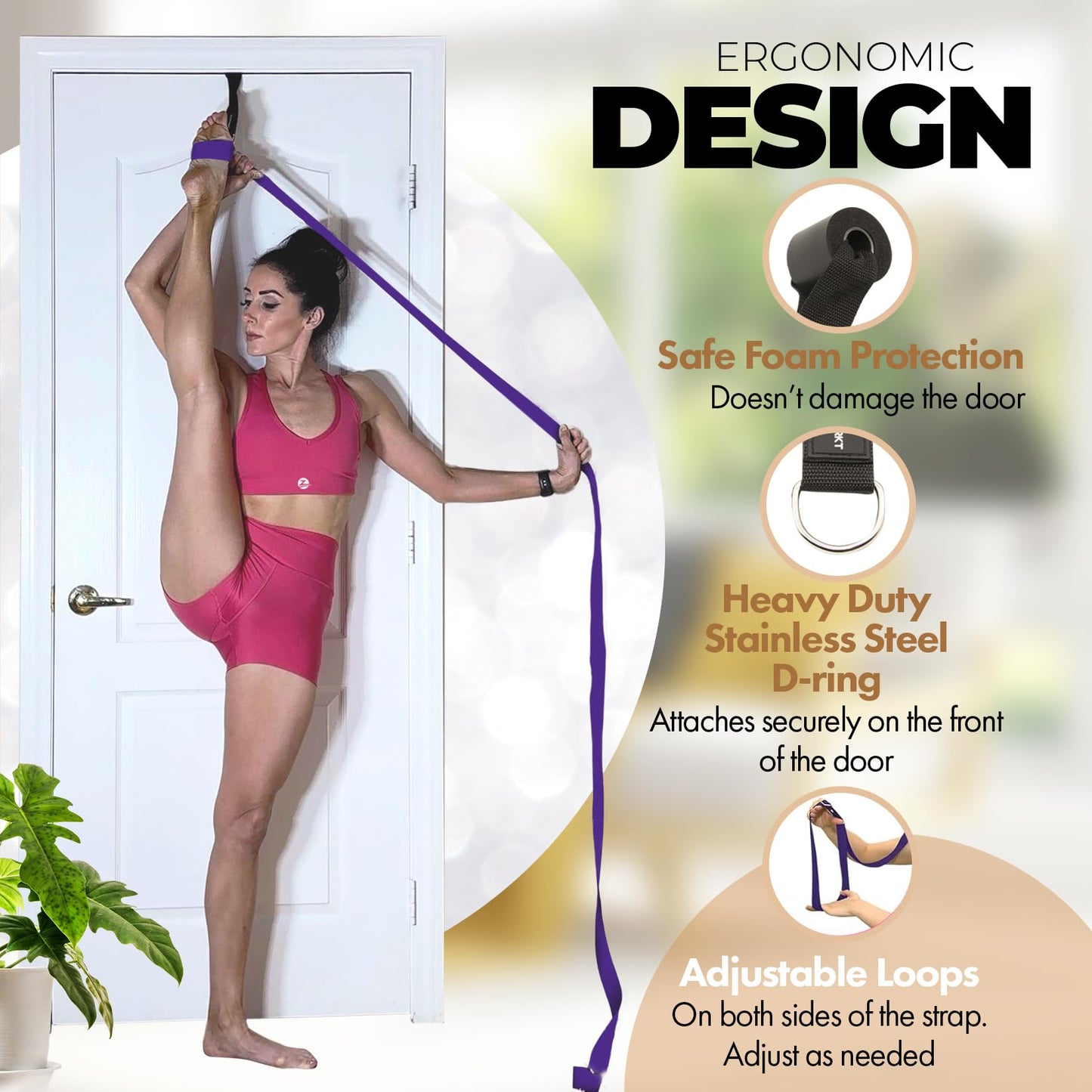 Pilates Stretching Strap with Door Anchor - Flexibility Equipment for Pilates Practitioners - Ideal for Improving Leg Flexibility, Core Stability, and Posture Alignment at Home (Purple)