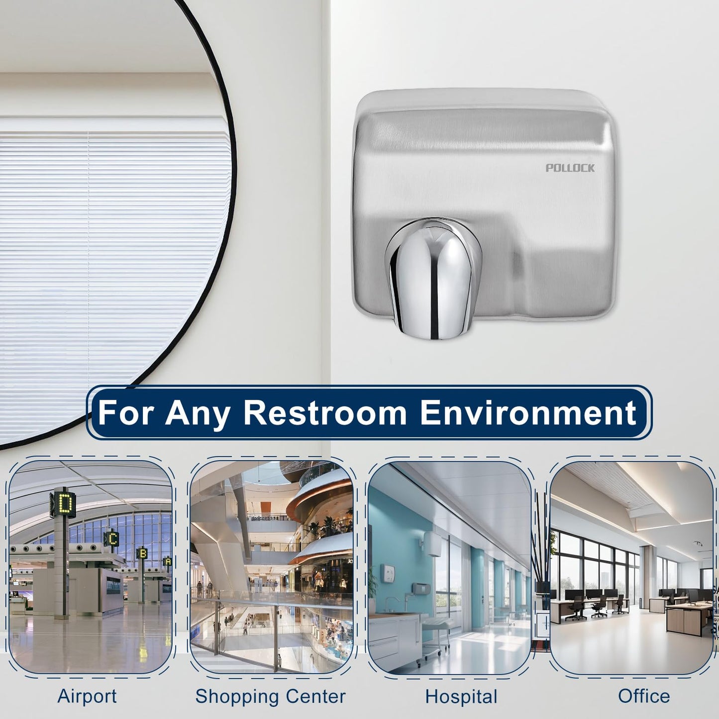 Commercial Hand Dryer Wall Mounted,Stainless Steel Electric Hand Dryer for Bathroom,1600 W Automatic High Speed Warm Wind Hand Blower,110V Plug in,8-10s Second Dry,for Industry Business Restrooms