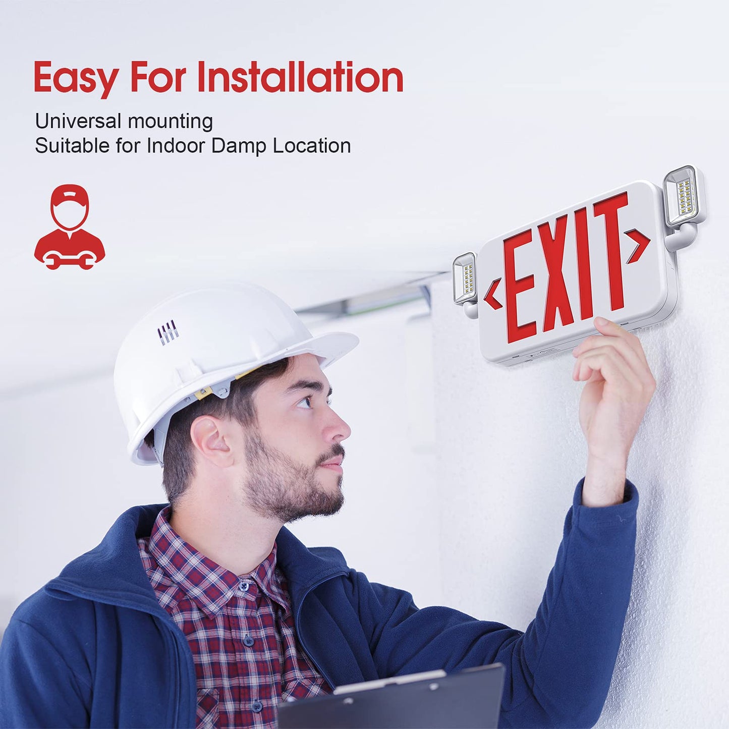 SITISFI Led Combo Emergency Exit Sign Light with Two Adjustable Head Lights and Backup Battery Exit Light,US Standard Red Letter Commercial Emergency Exit Lighting,UL 924,AC120/277V (2Pack)