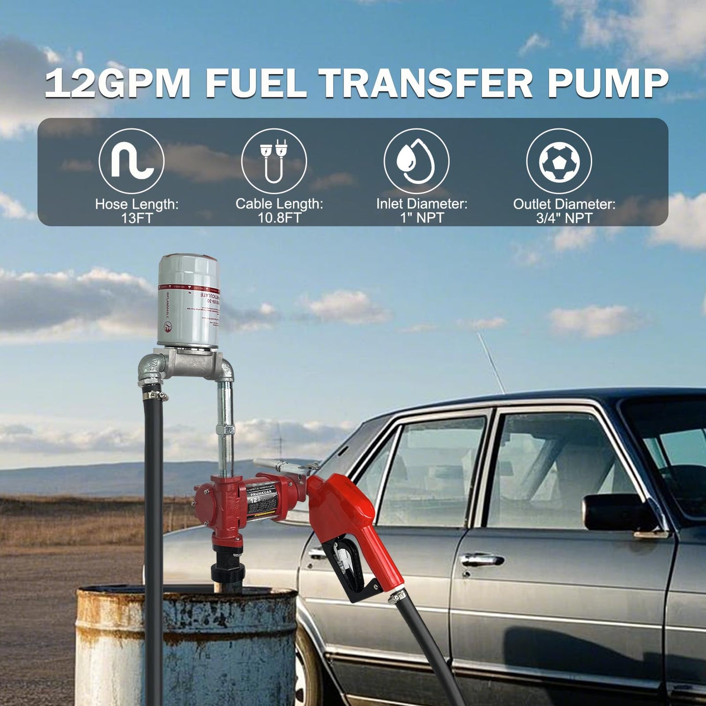 12V DC 12GPM Gasoline Fuel Transfer Pump Kit, Overheat Protection, Explosion-proof, Suitable for Gasoline, Diesel, Mineral Oil, Kerosene with Particulate Filter with Automatic Nozzle & Hose Kit